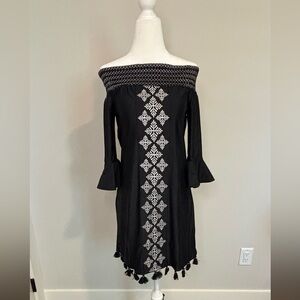 Cabana Life Black and White Off-Shoulder Bell Sleeve Cocktail Dress